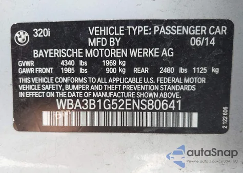 2014 BMW 320I из США, поврежденный, VIN WBA3B1G52ENS80641